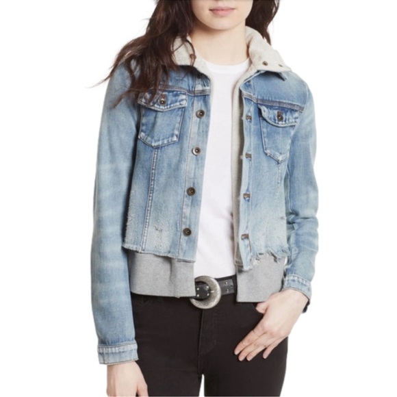 DONATED Free People double weave layered hooded hood we the jean denim jacket - Picture 1 of 8